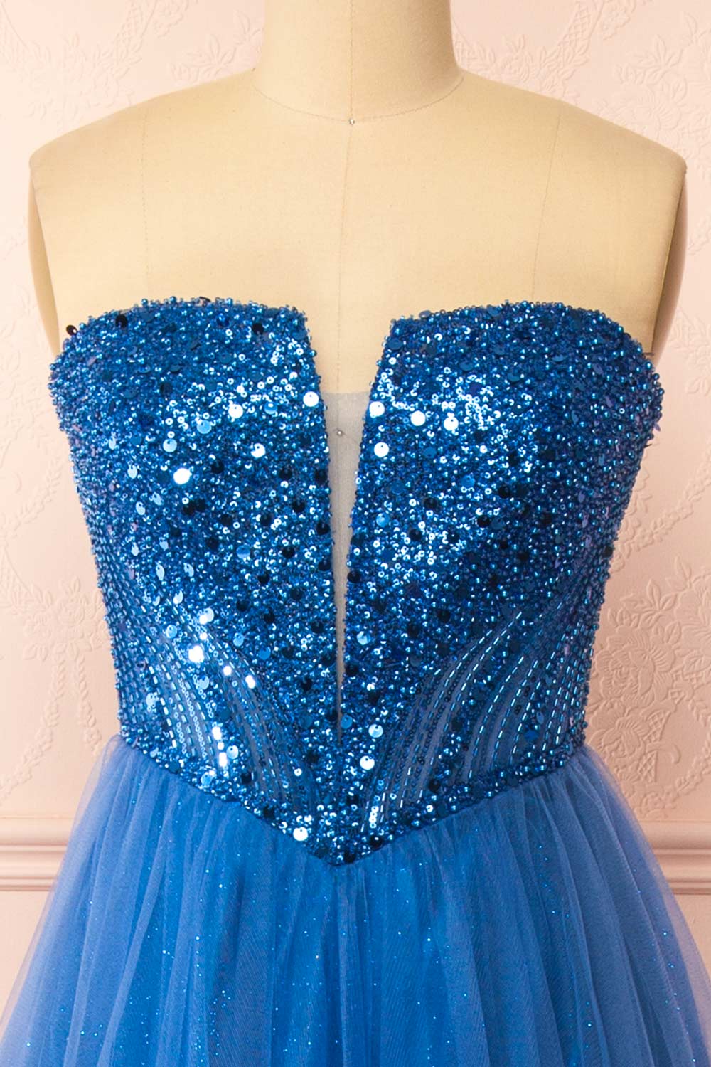 Yeji Blue Sparkly Maxi Dress w/ Embroidered Bodice | Boutique 1861 front