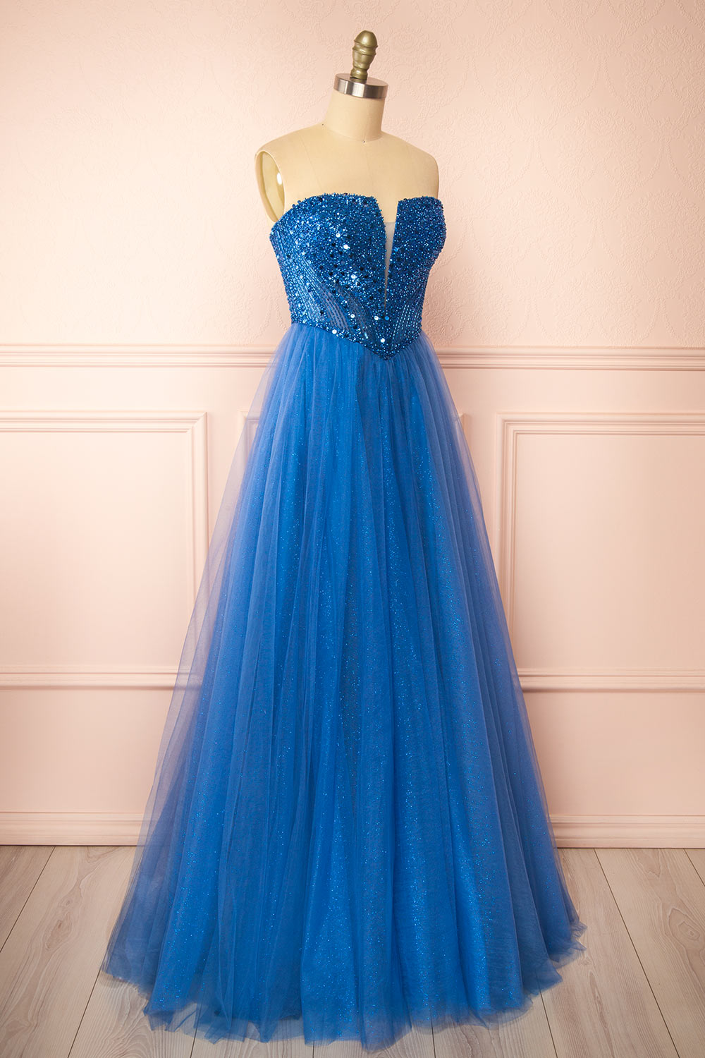 Yeji Blue Sparkly Maxi Dress w/ Embroidered Bodice | Boutique 1861 side view