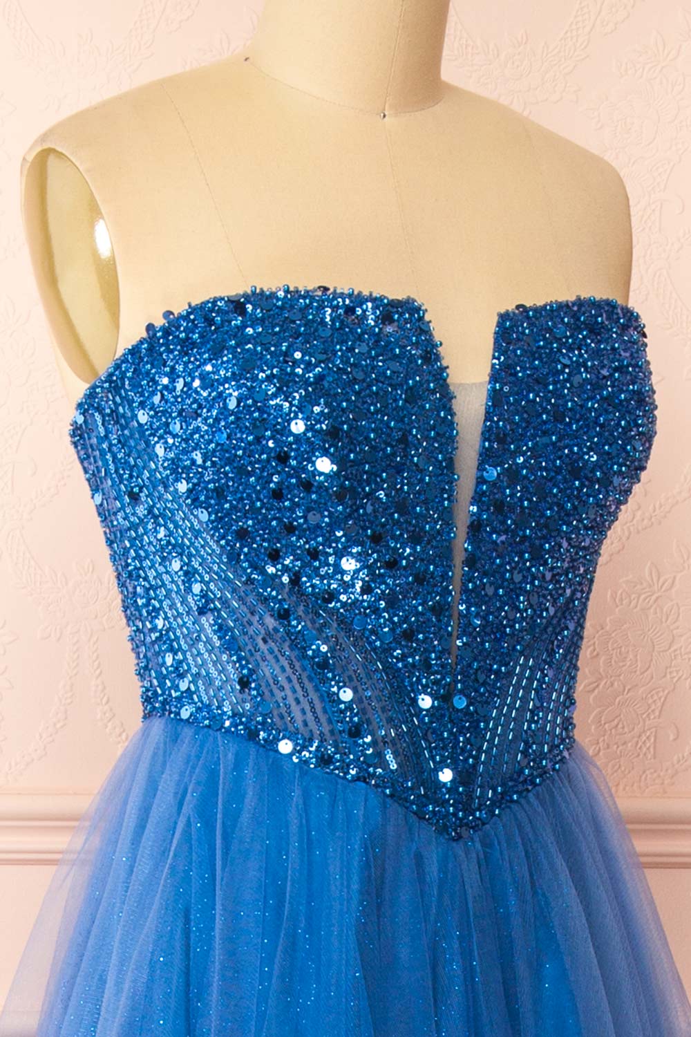 Yeji Blue Sparkly Maxi Dress w/ Embroidered Bodice | Boutique 1861 side