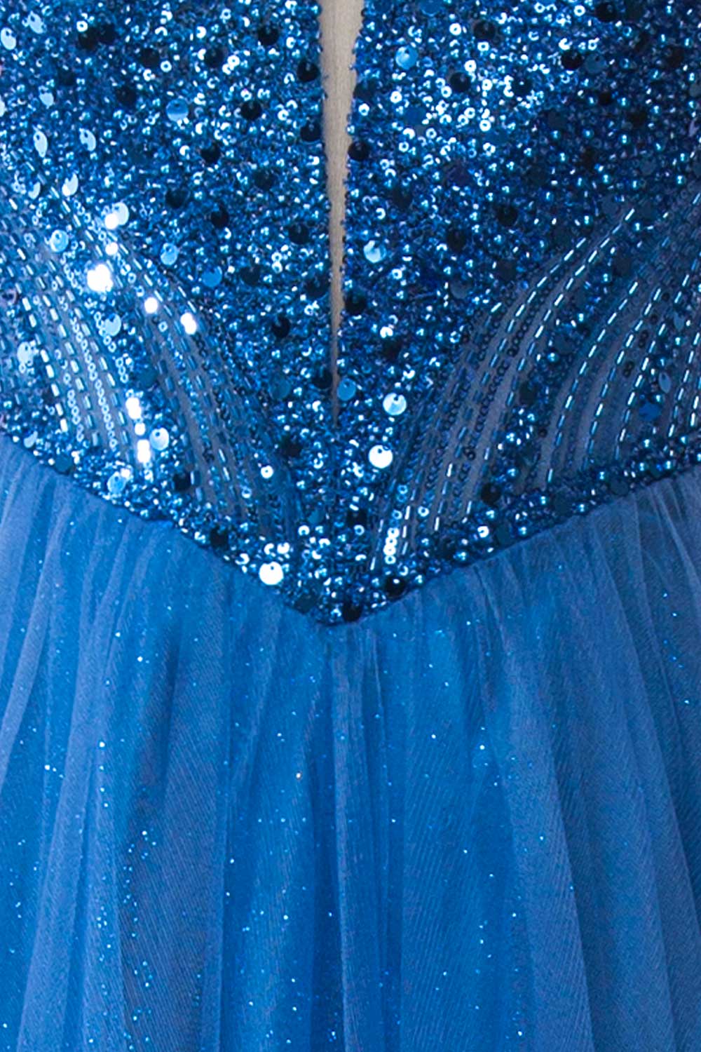 Yeji Blue Sparkly Maxi Dress w/ Embroidered Bodice | Boutique 1861 fabric