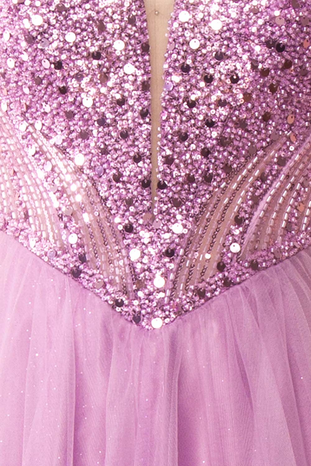 Yeji Lavender Sparkly Maxi Dress w/ Embroidered Bodice | Boutique 1861 fabric