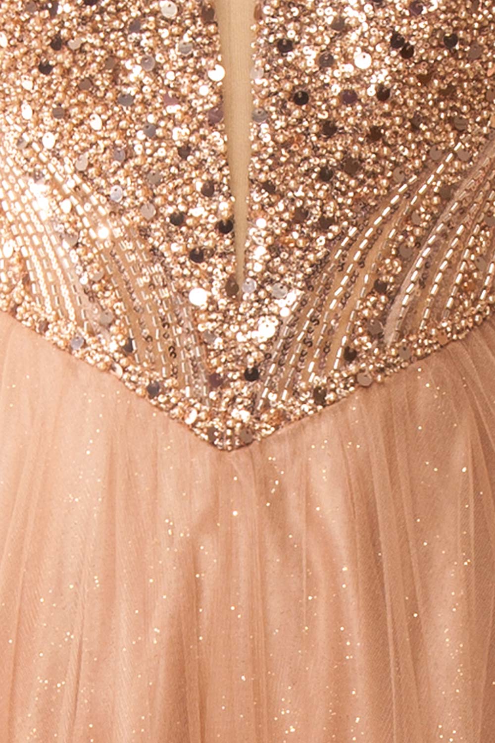 Yeji Taupe Sparkly Maxi Dress w/ Embroidered Bodice | Boutique 1861 fabric