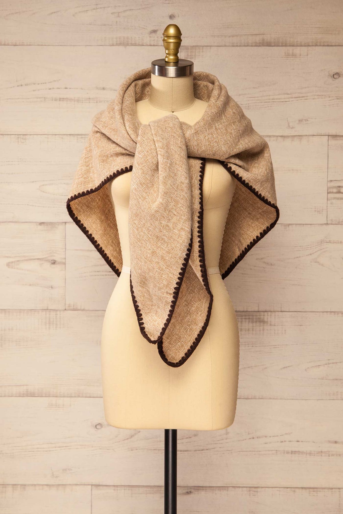 front view of Yelka Beige Triangle Soft Shawl with Contrast Stitch at La petite garçonne