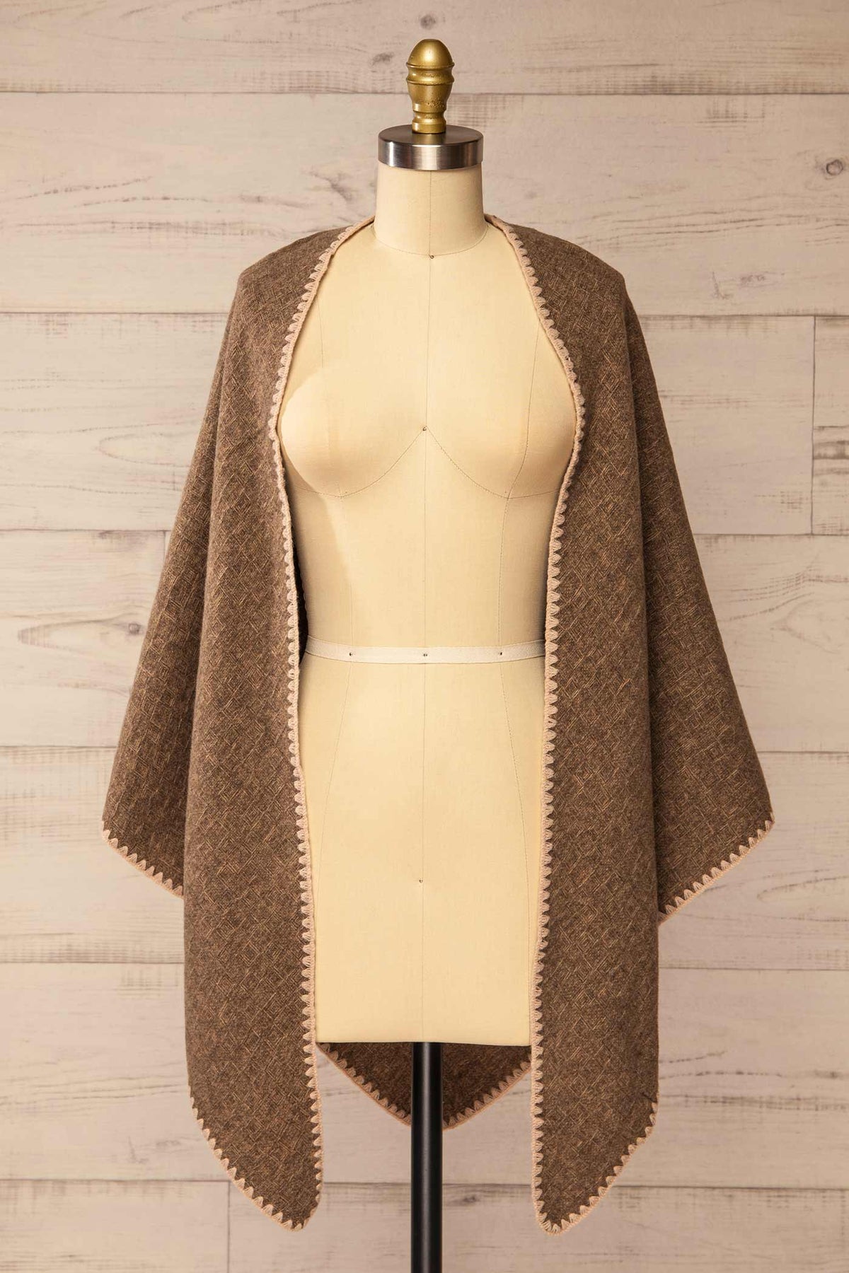 shawl front view of Yelka Brown Triangle Soft Shawl with Contrast Stitch at La petite garçonne