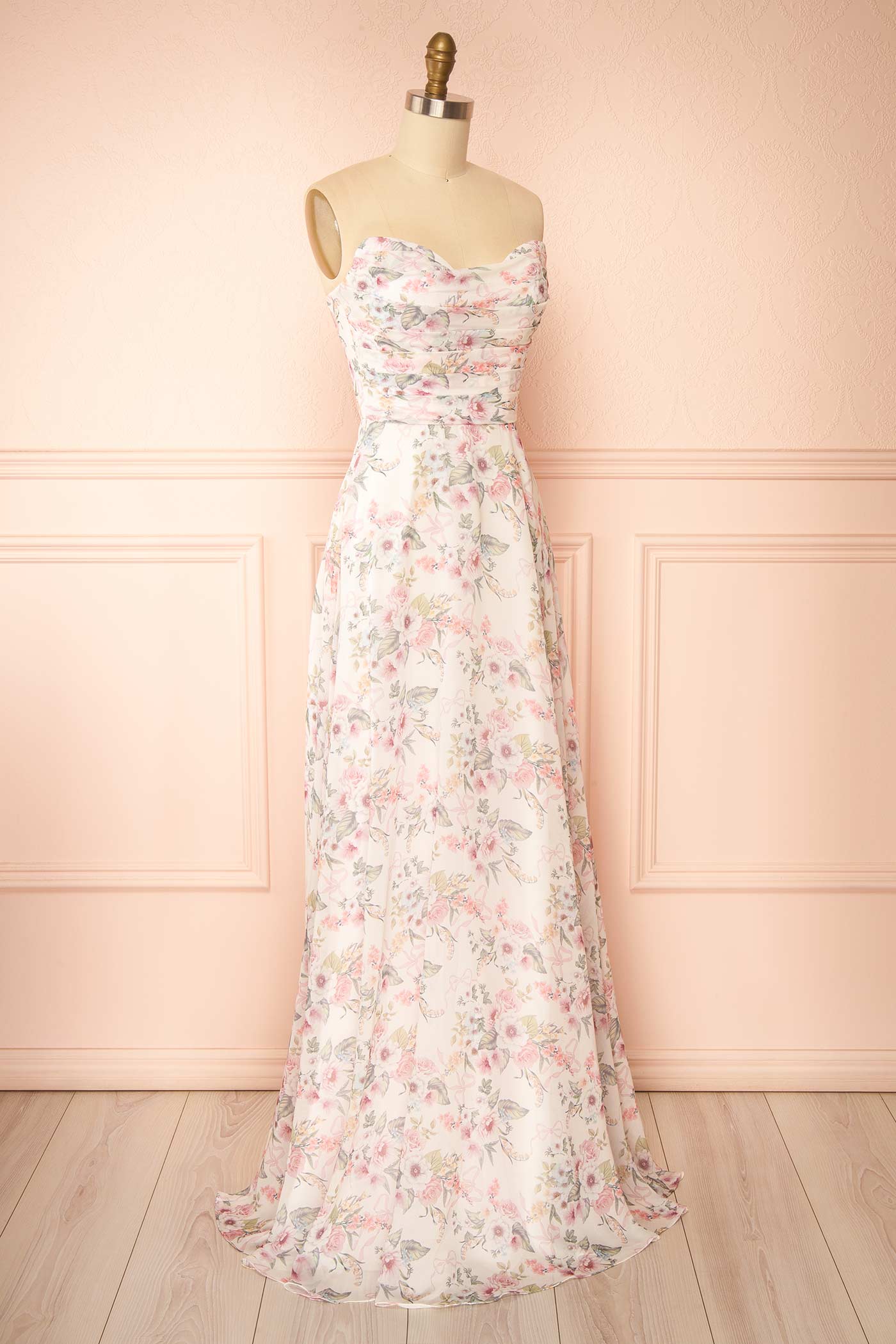 Yujun Pink Maxi Floral with Sweetheart Neckline and Scarf | Boutique 1861 side