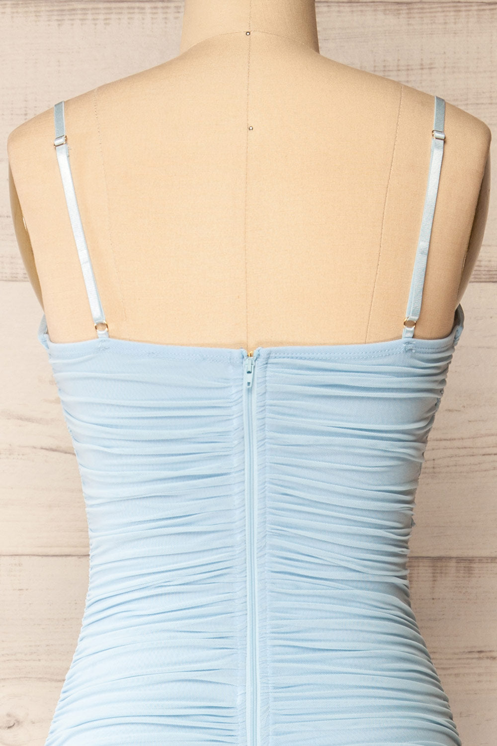 Yurtof Light Blue Fitted Ruched Midi Dress | La petite garçonne back close-up