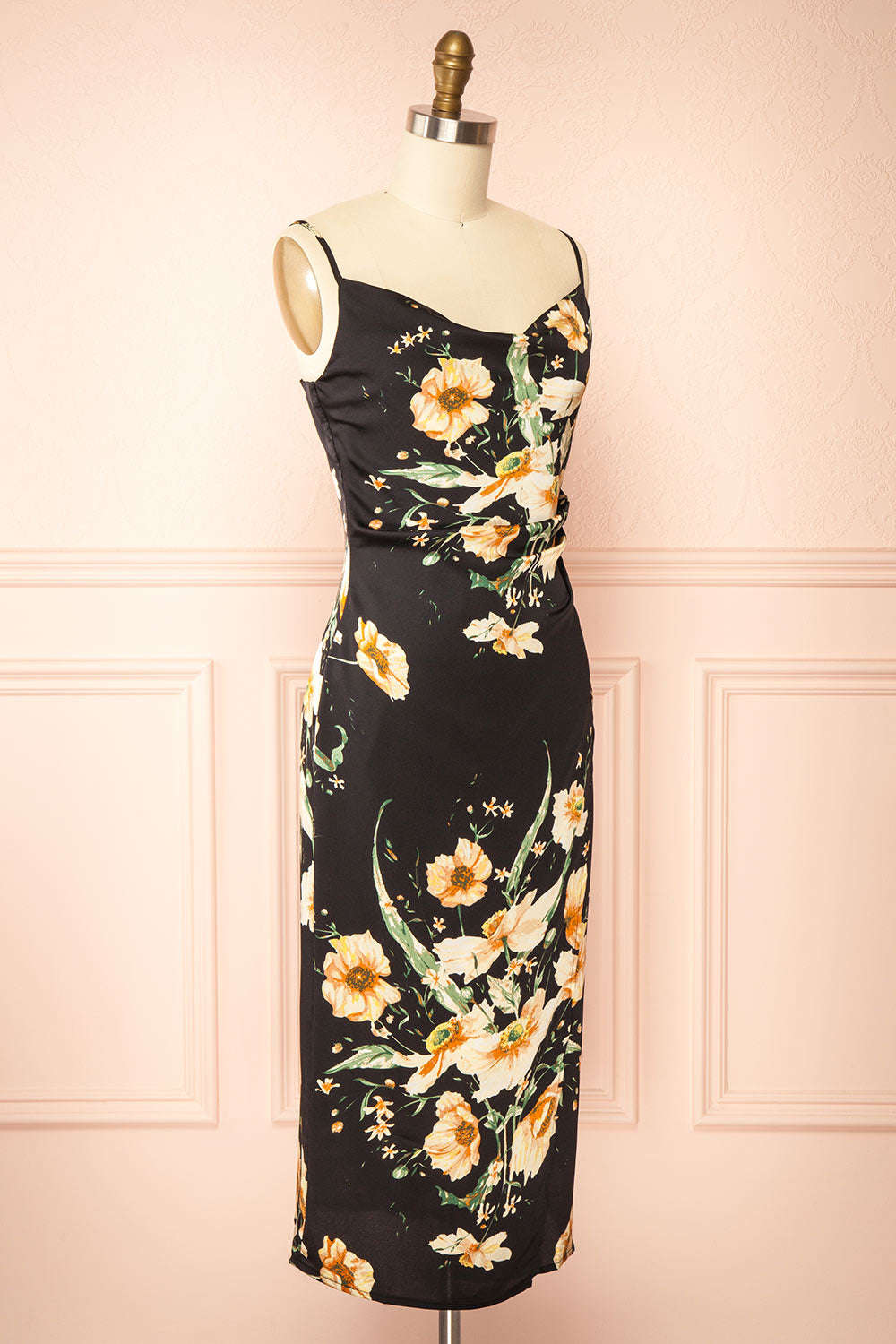 Yziah | Floral Cowl Neck Satin Midi Slip Dress