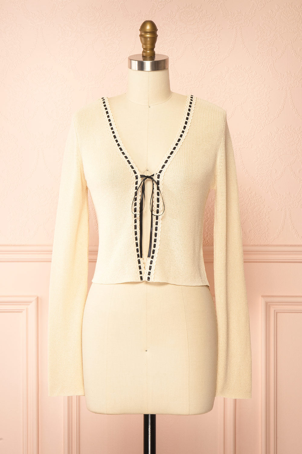 Zafreya Beige Cardigan with Black Ribbon Tie | Boutique 1861 front view