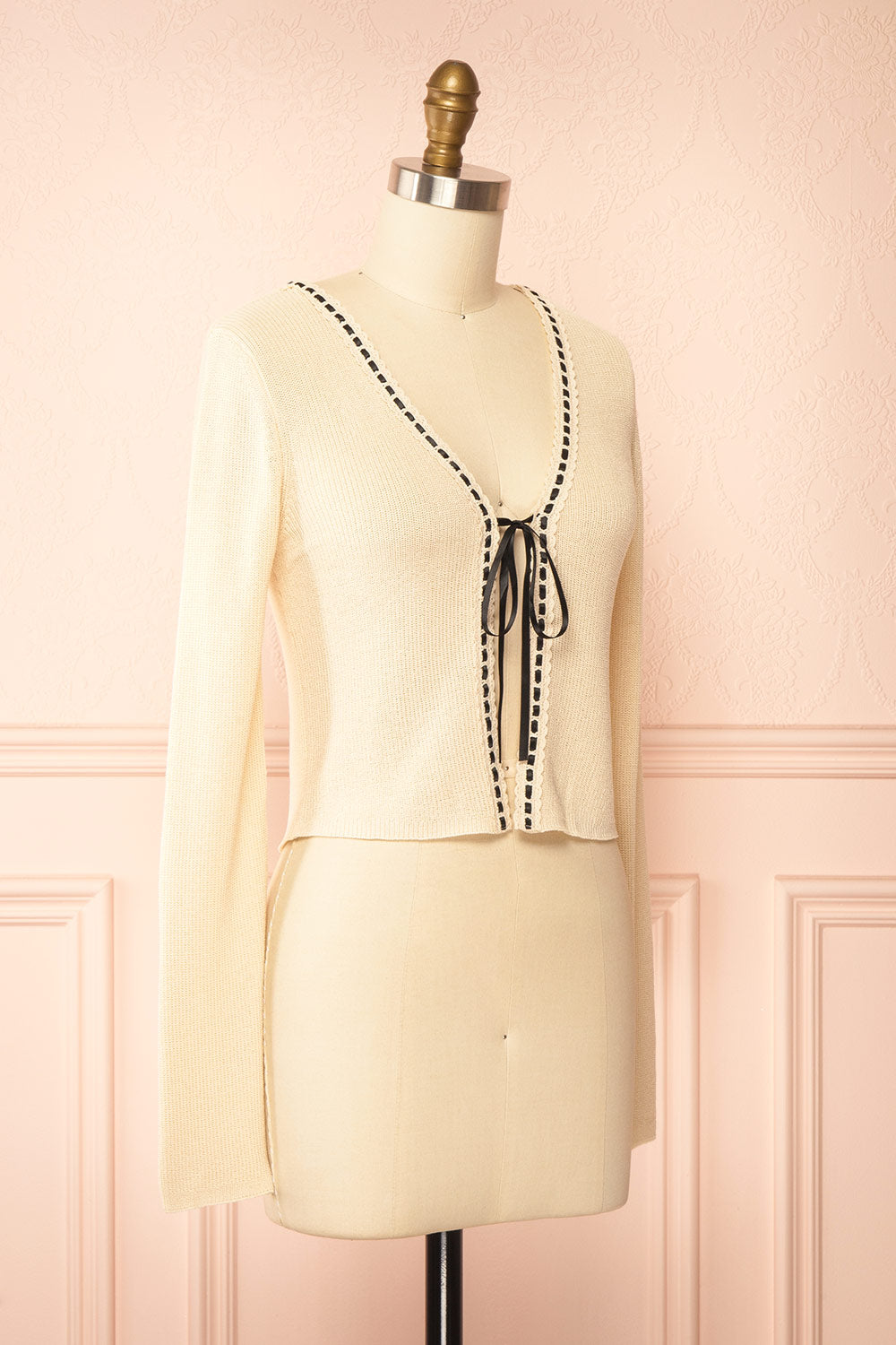 Zafreya Beige Cardigan with Black Ribbon Tie | Boutique 1861 side view