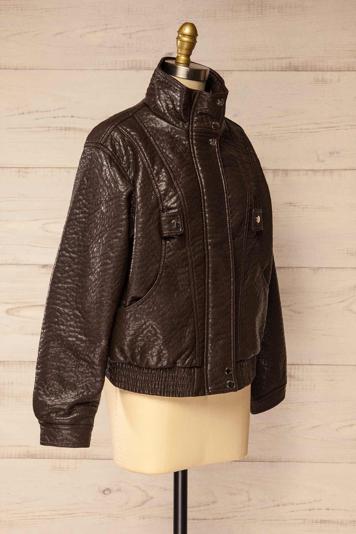 side view of Zagora Brown Faux-Leather Jacket with Pockets at La petite garçonne