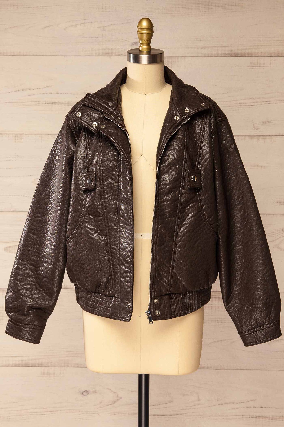 open view of Zagora Brown Faux-Leather Jacket with Pockets at La petite garçonne