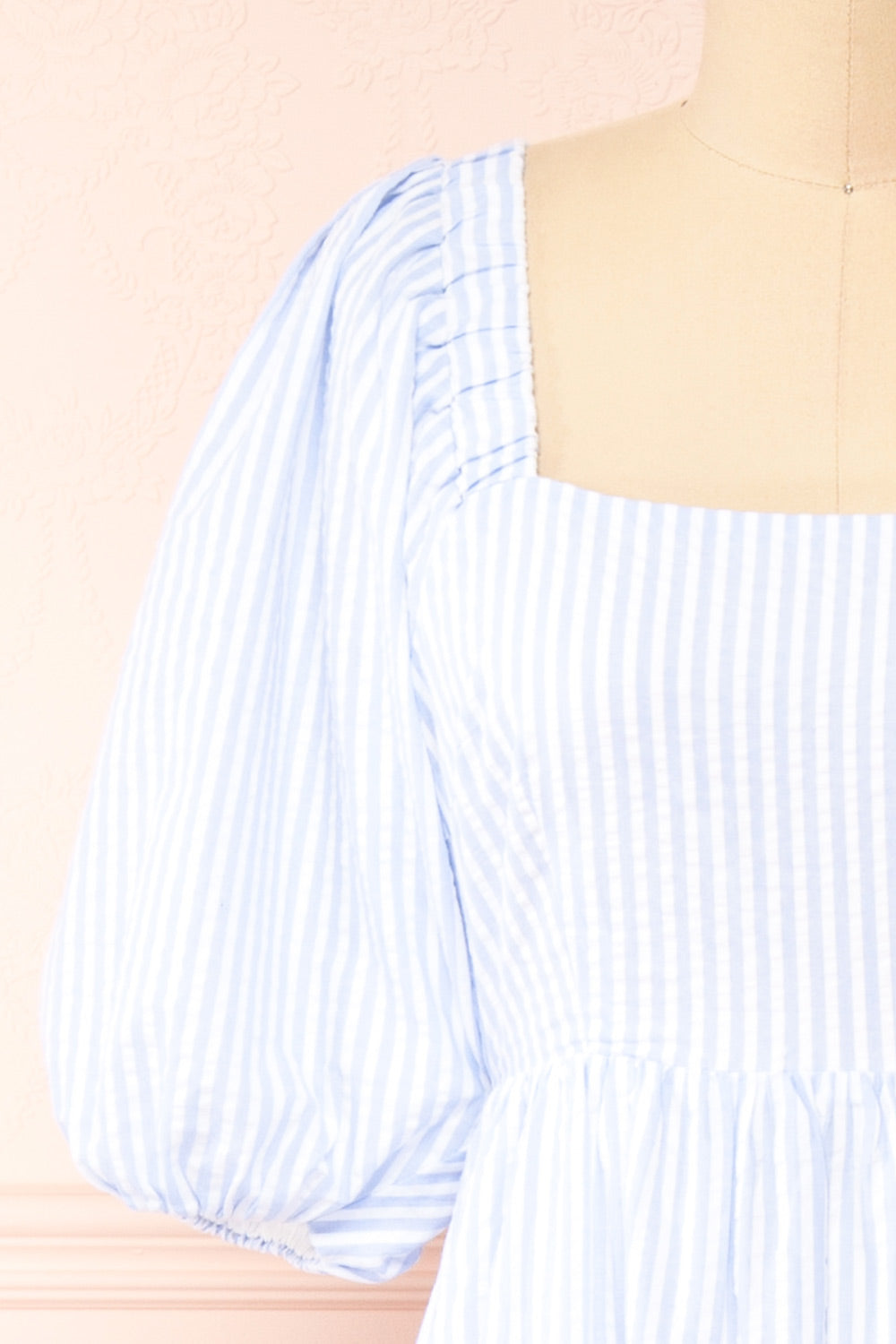 Zahia Blue Striped Maxi Dress w/ Puffy Sleeves | Boutique 1861 front close-up