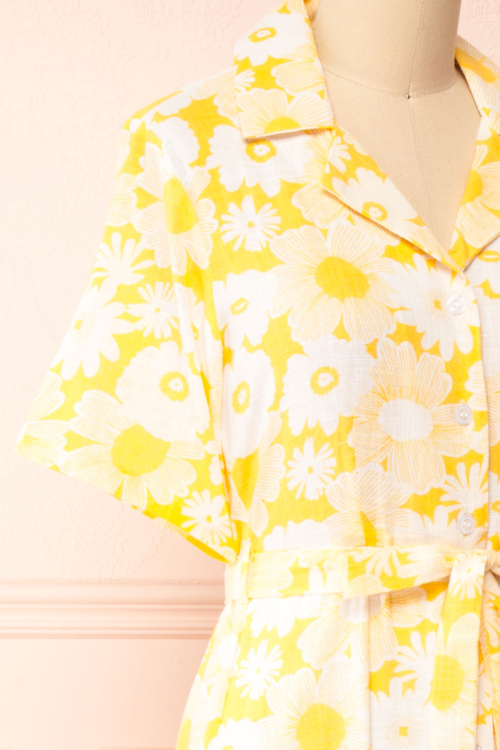 Zahrada Yellow Floral Midi Shirt Dress | Boutique 1861 side close-up