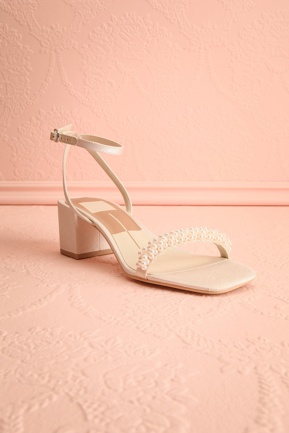 Zalima Ivory Heeled Sandals with Pearls | Boudoir 1861 3/4 view
