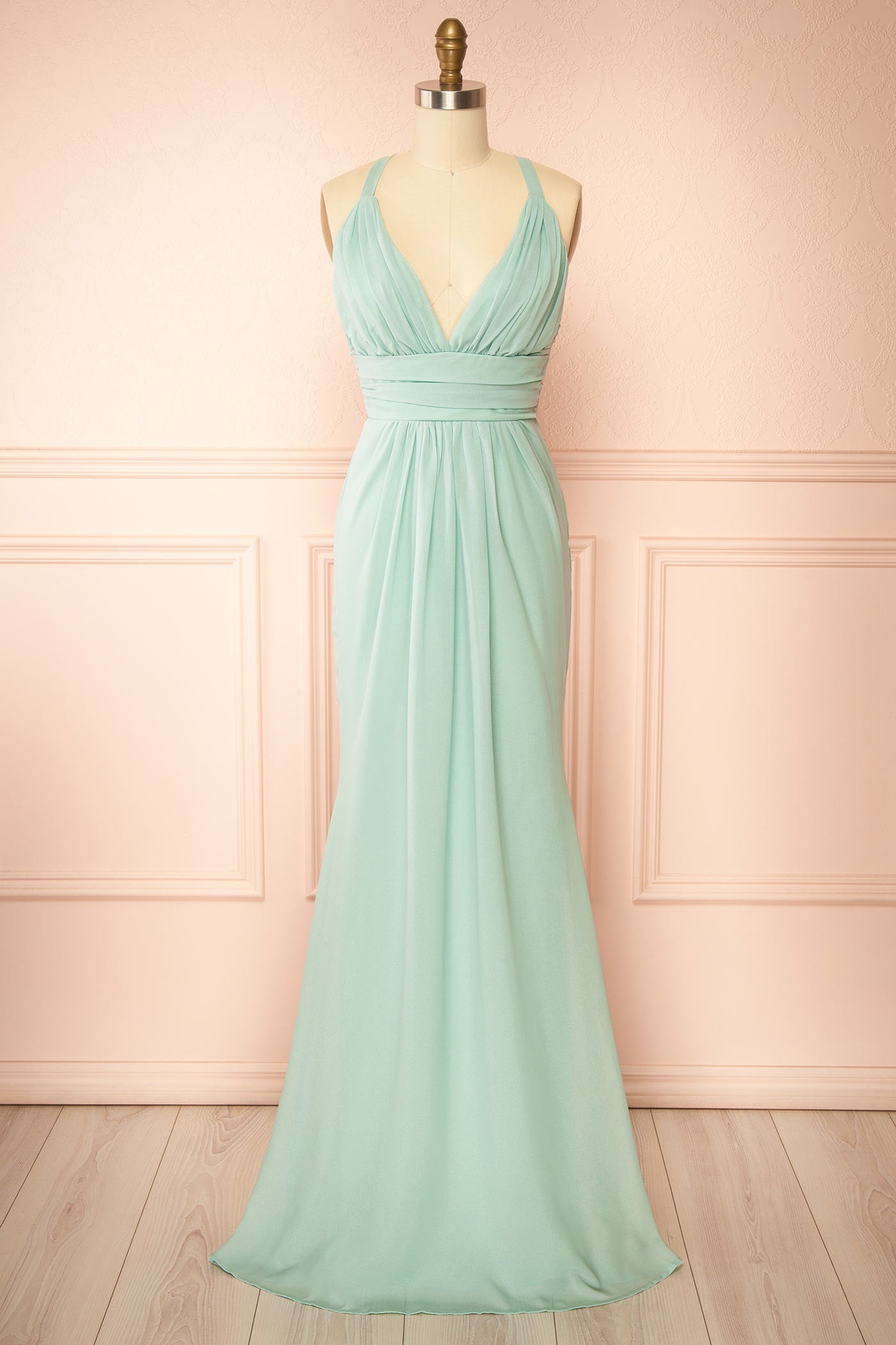 Zanura Mint | V-Neck Chiffon Maxi Dress with Lace-Up Back