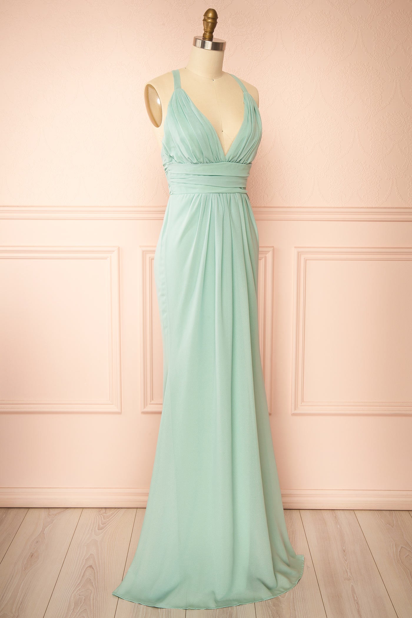 Zanura Mint | V-Neck Chiffon Maxi Dress with Lace-Up Back