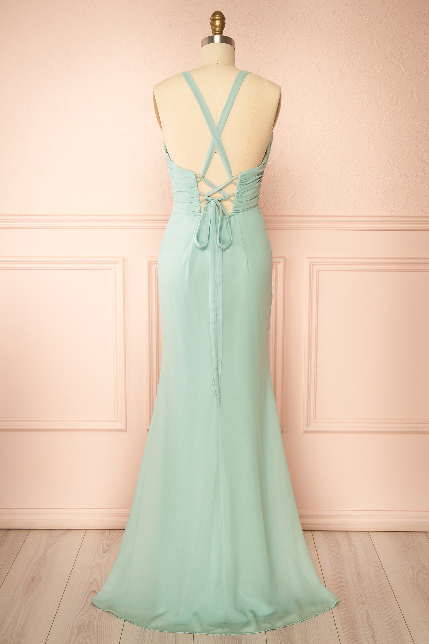 Zanura Mint | V-Neck Chiffon Maxi Dress with Lace-Up Back