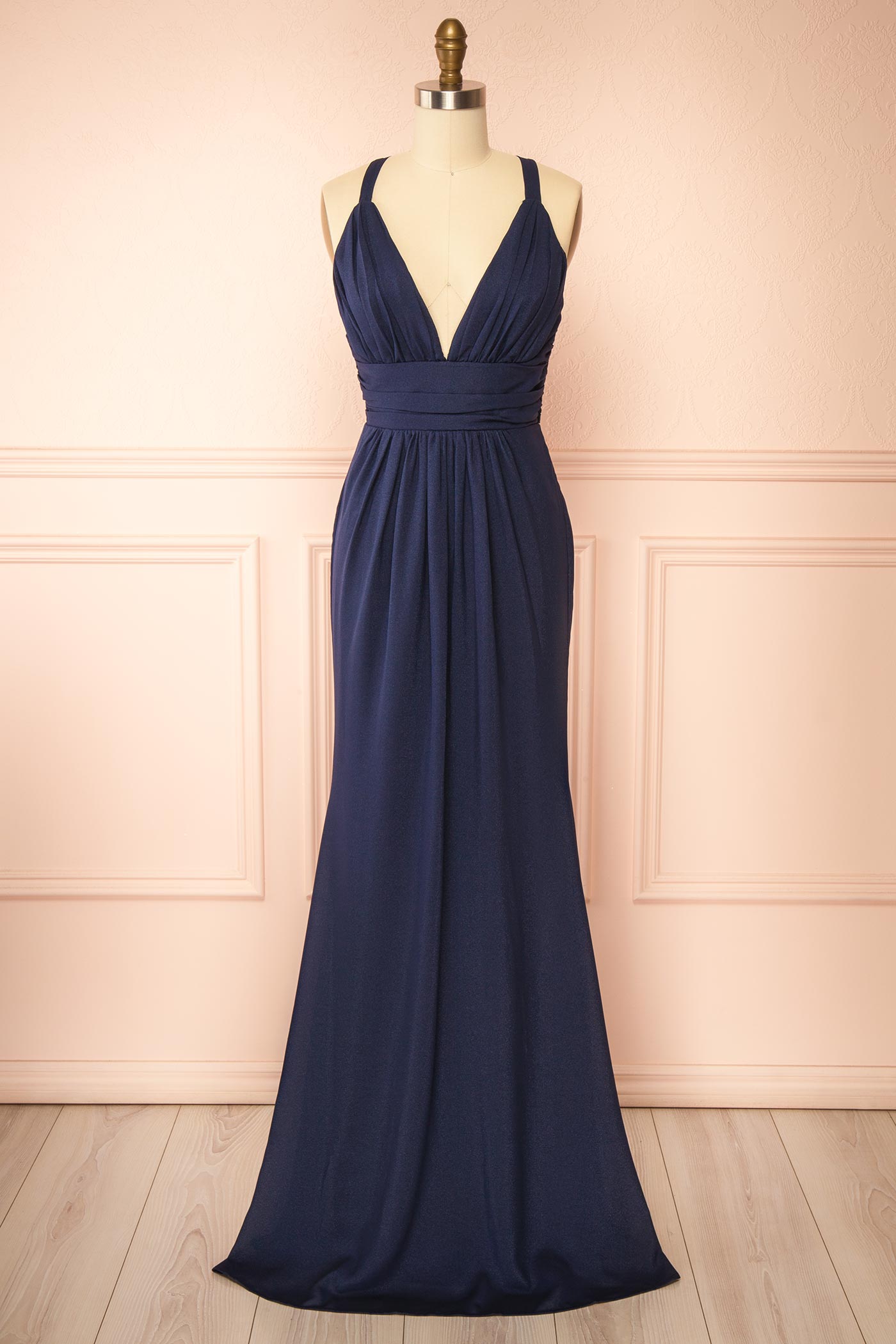 Zanura Navy | V-Neck Chiffon Maxi Dress with Lace-Up Back