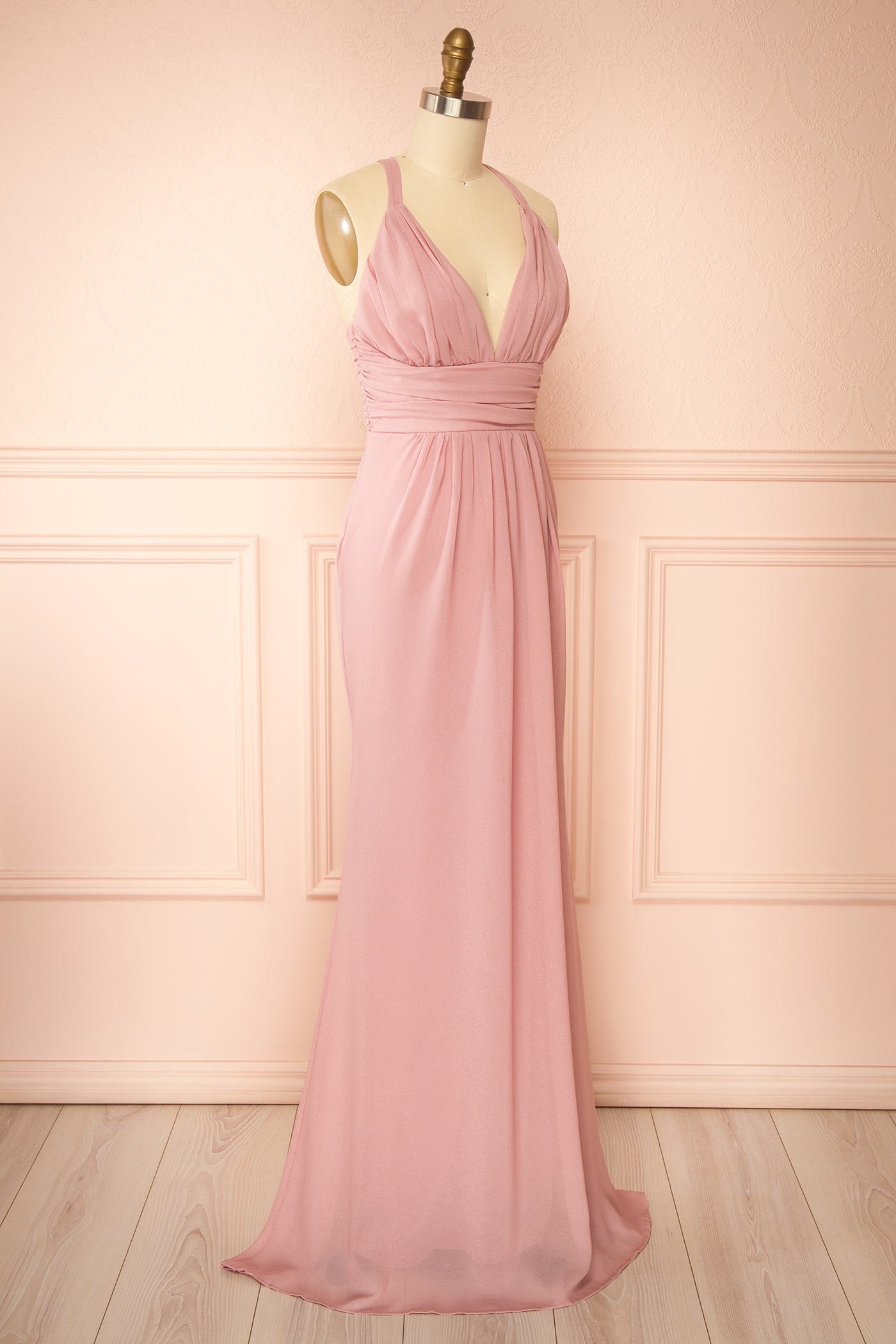 Zanura Pink | V-Neck Chiffon Maxi Dress with Lace-Up Back