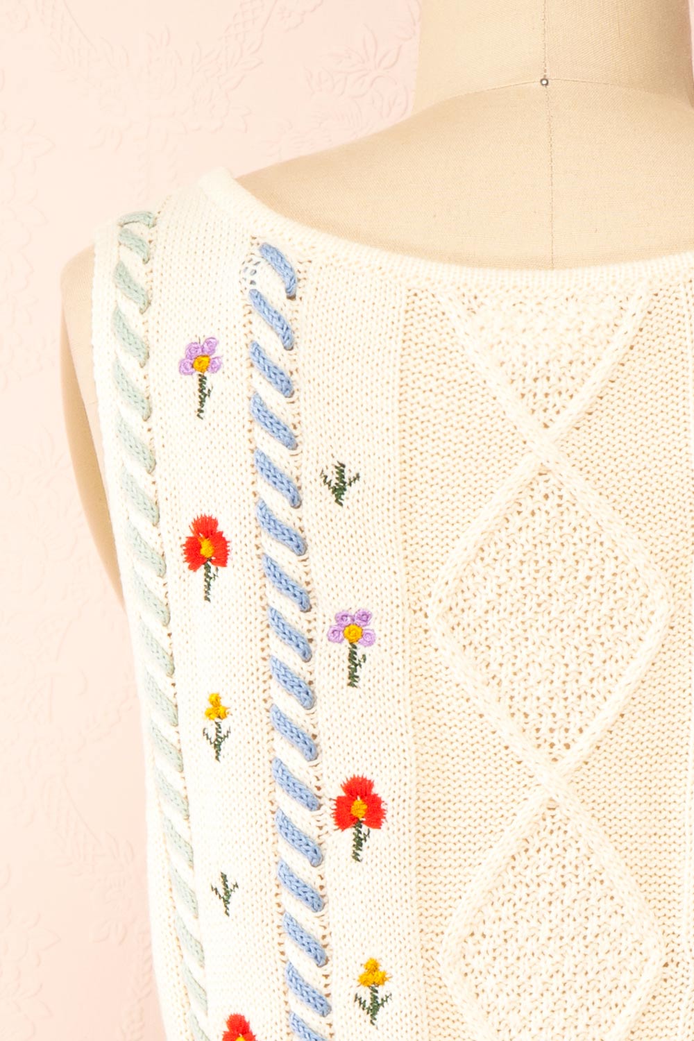 Zaraiah Cream Knit Vest w/ Floral Embroidery | Boutique 1861 back close-up