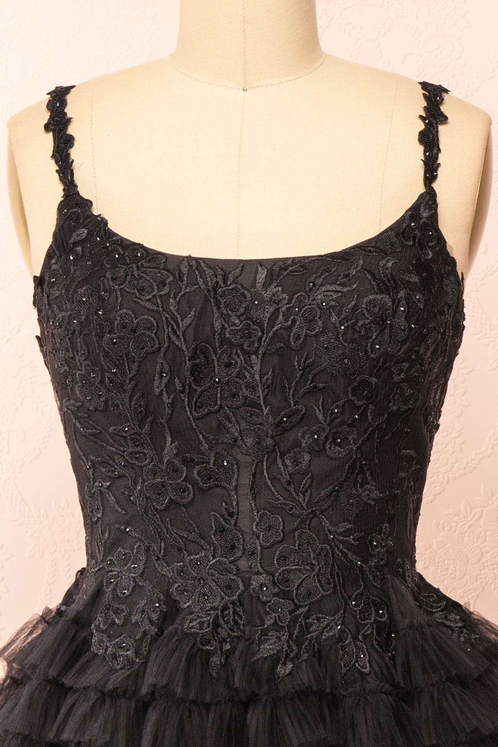 Zarielle Short Black Tulle Tiered Dress | Boutique 1861 front close-up