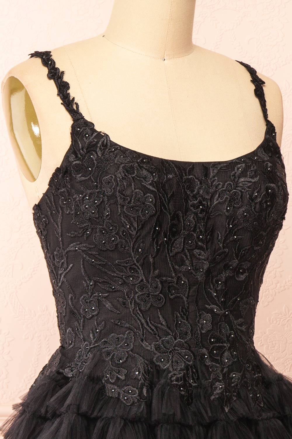 Zarielle Short Black Tulle Tiered Dress | Boutique 1861 side close-up