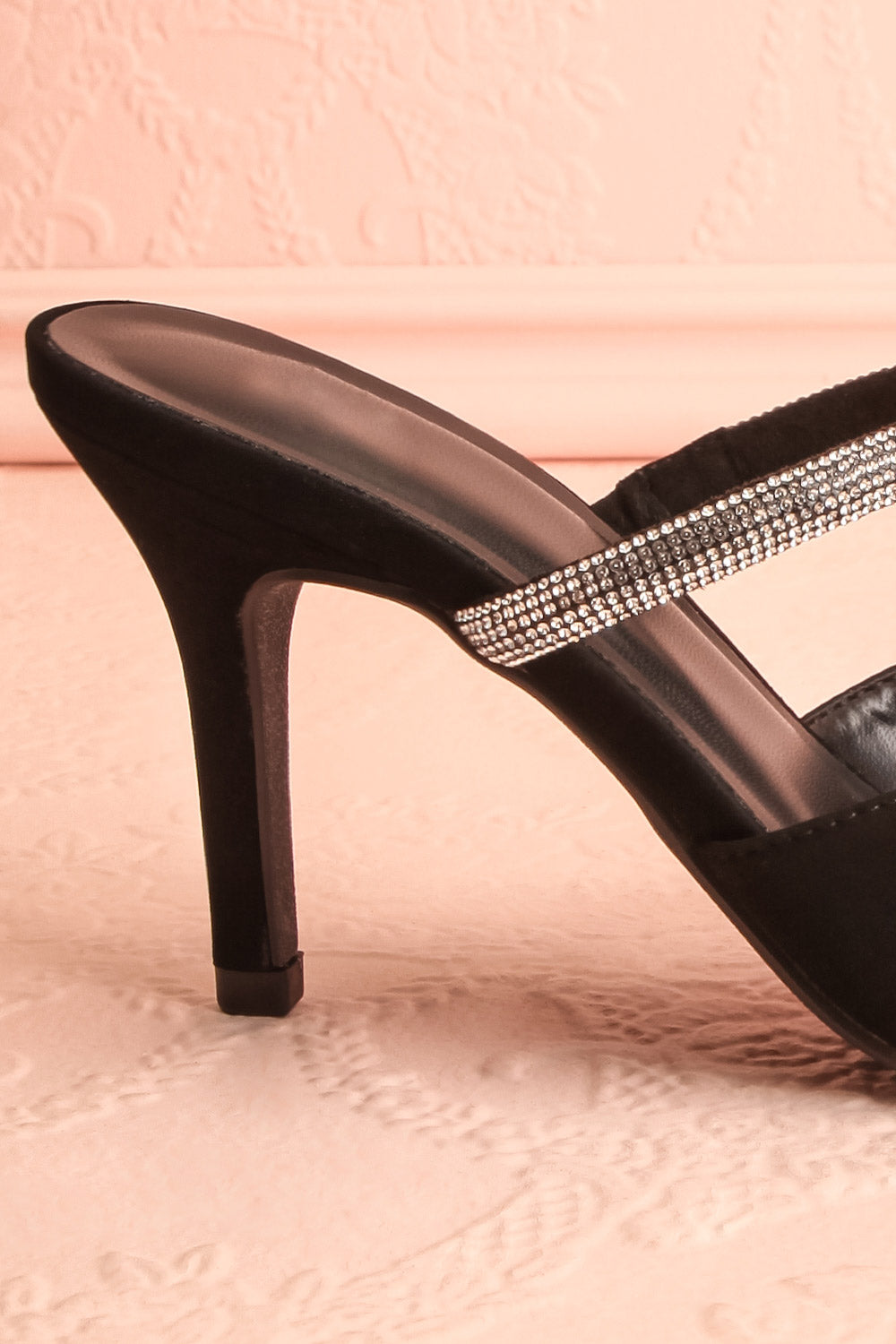 Zarira Slip-On Heels w/ Rhinestone Strap | Boutique 1861 side back close-up