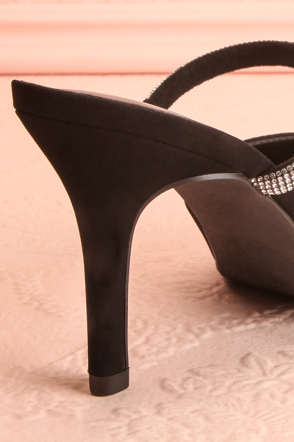 Zarira Slip-On Heels w/ Rhinestone Strap | Boutique 1861 back close-up