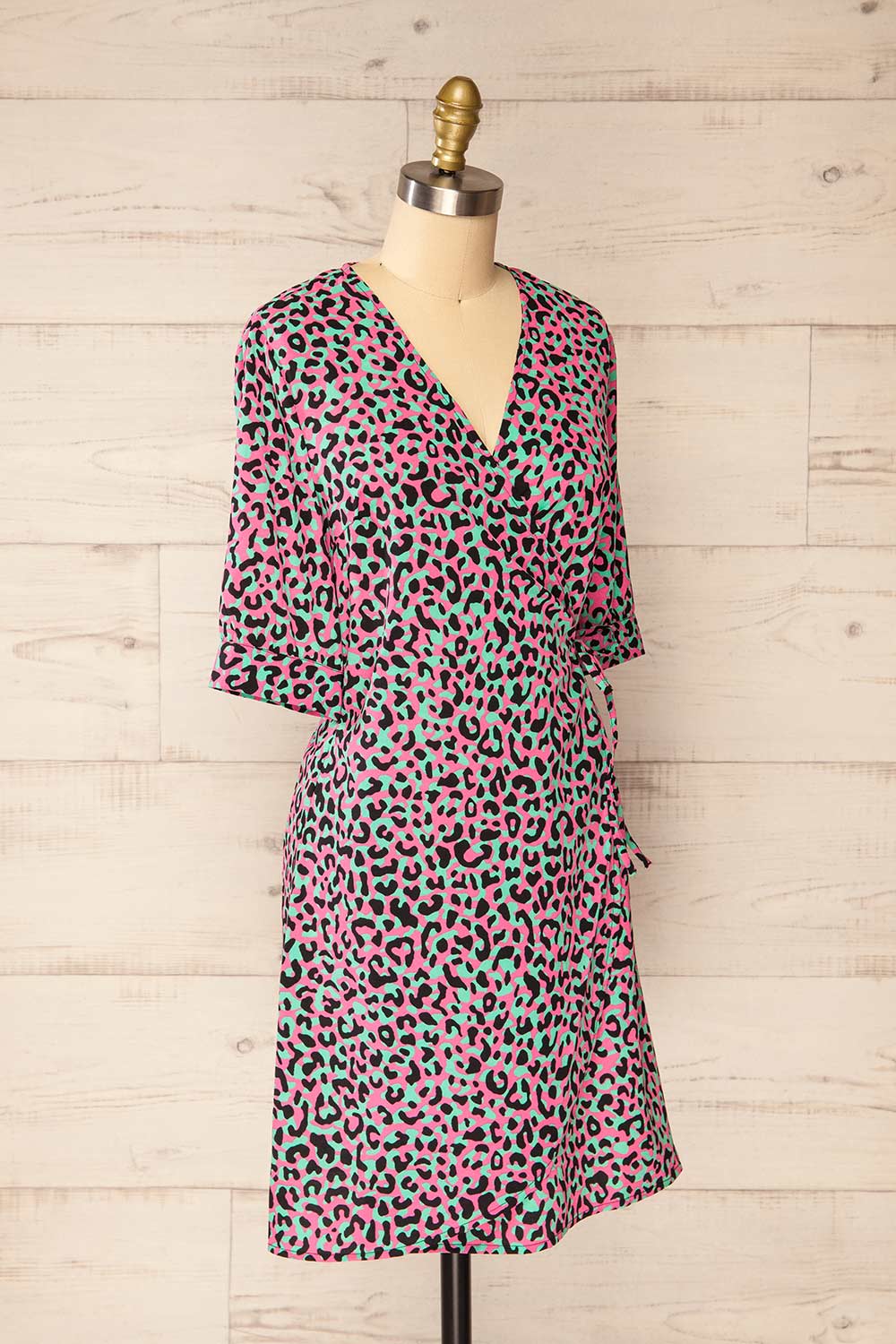 Zekia Pink Leopard Print Short Sleeve Wrap Dress | La petite garçonne side view