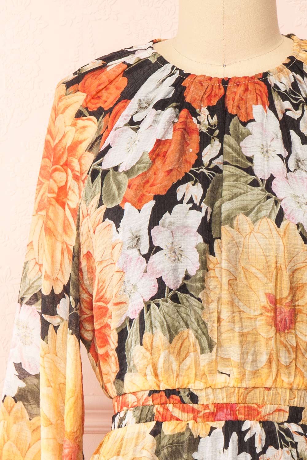 Zelaraine Short Floral Dress w/ Long Sleeves | Boutique 1861 front close-up