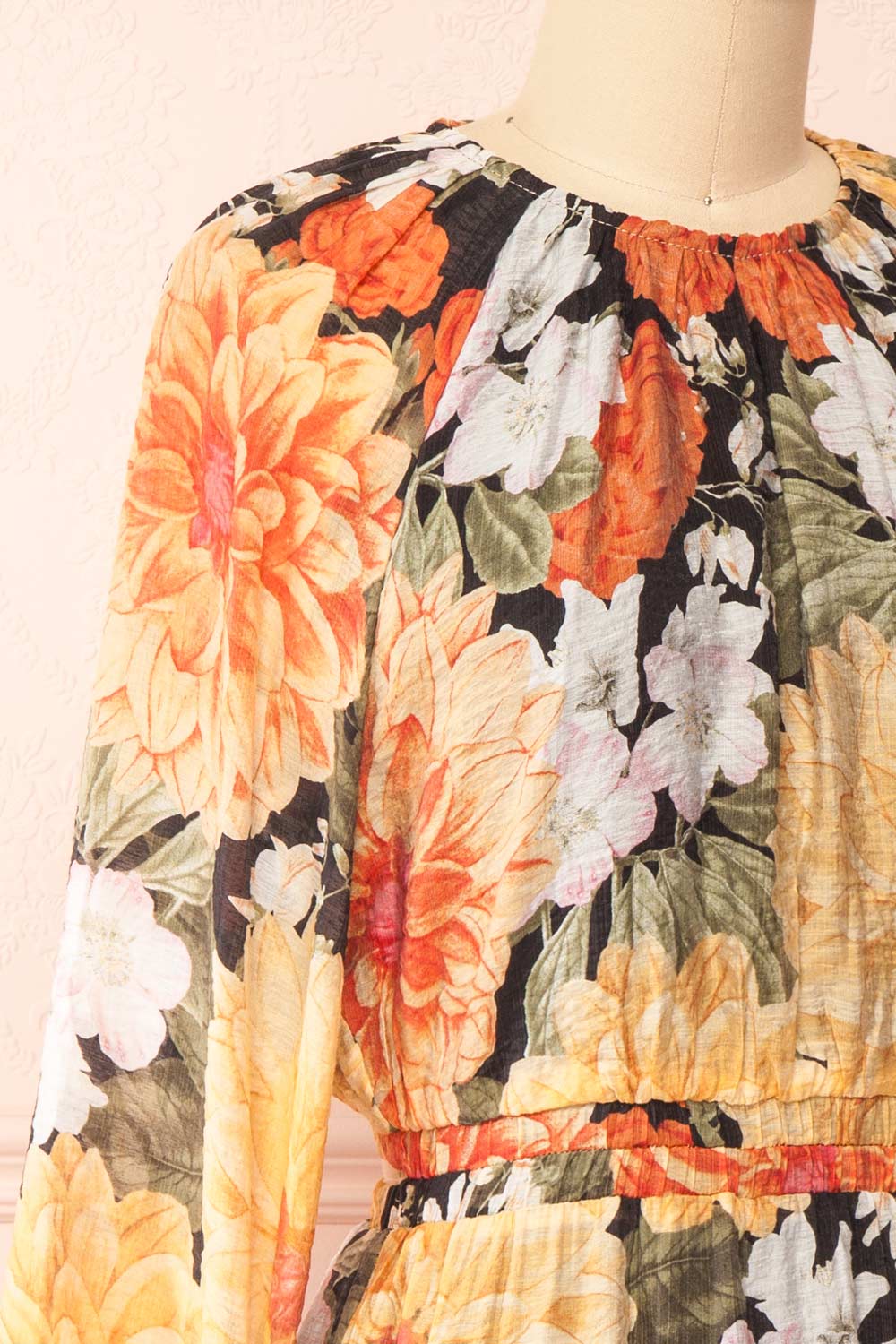 Zelaraine Short Floral Dress w/ Long Sleeves | Boutique 1861 side close-up