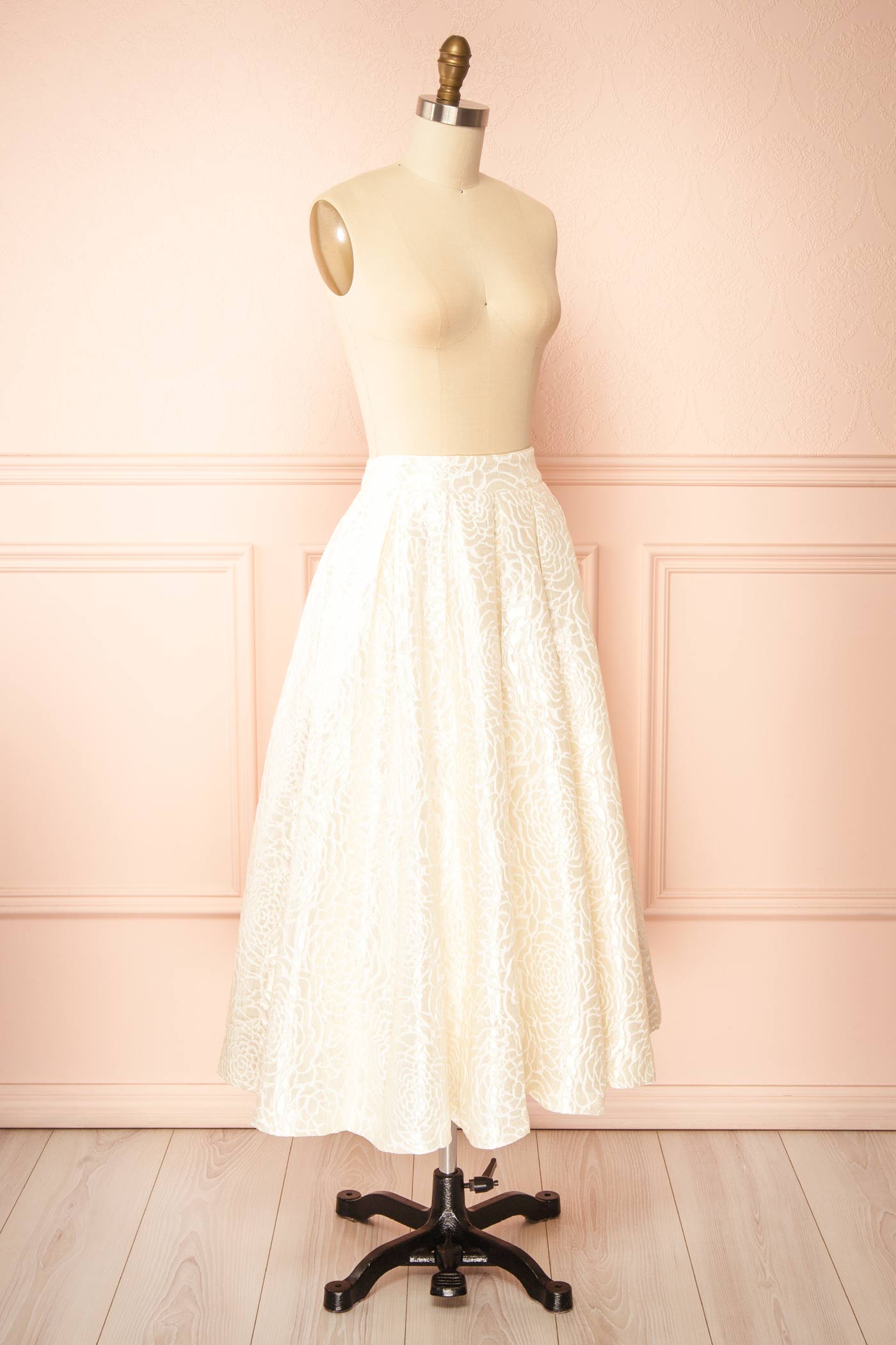 Zenara Ivory Floral Jacquard A-Line Midi Skirt with Pockets | Boudoir 1861 side view