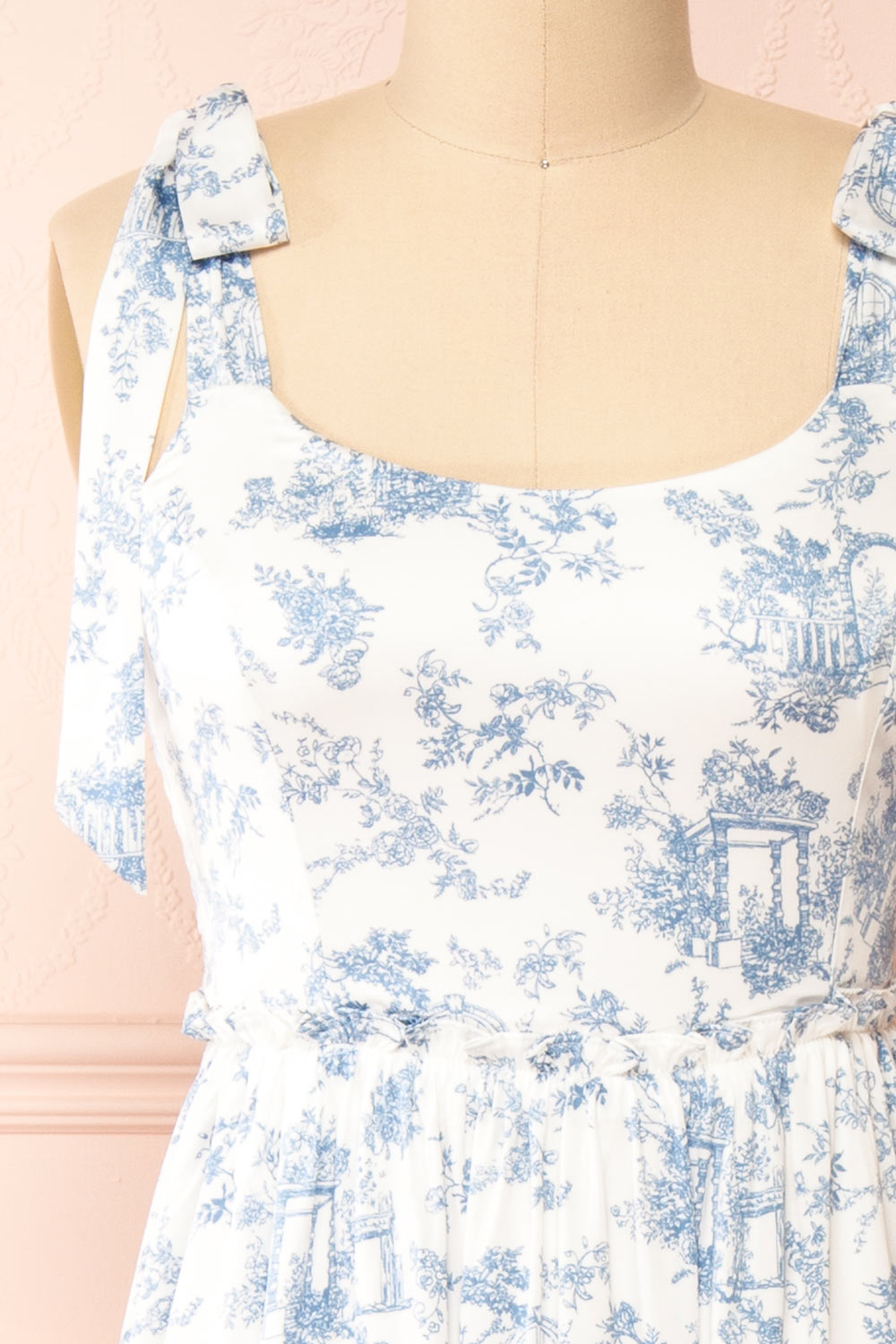 Zephyra Maxi White & Blue Patterned Dress | Boutique 1861 front close-up