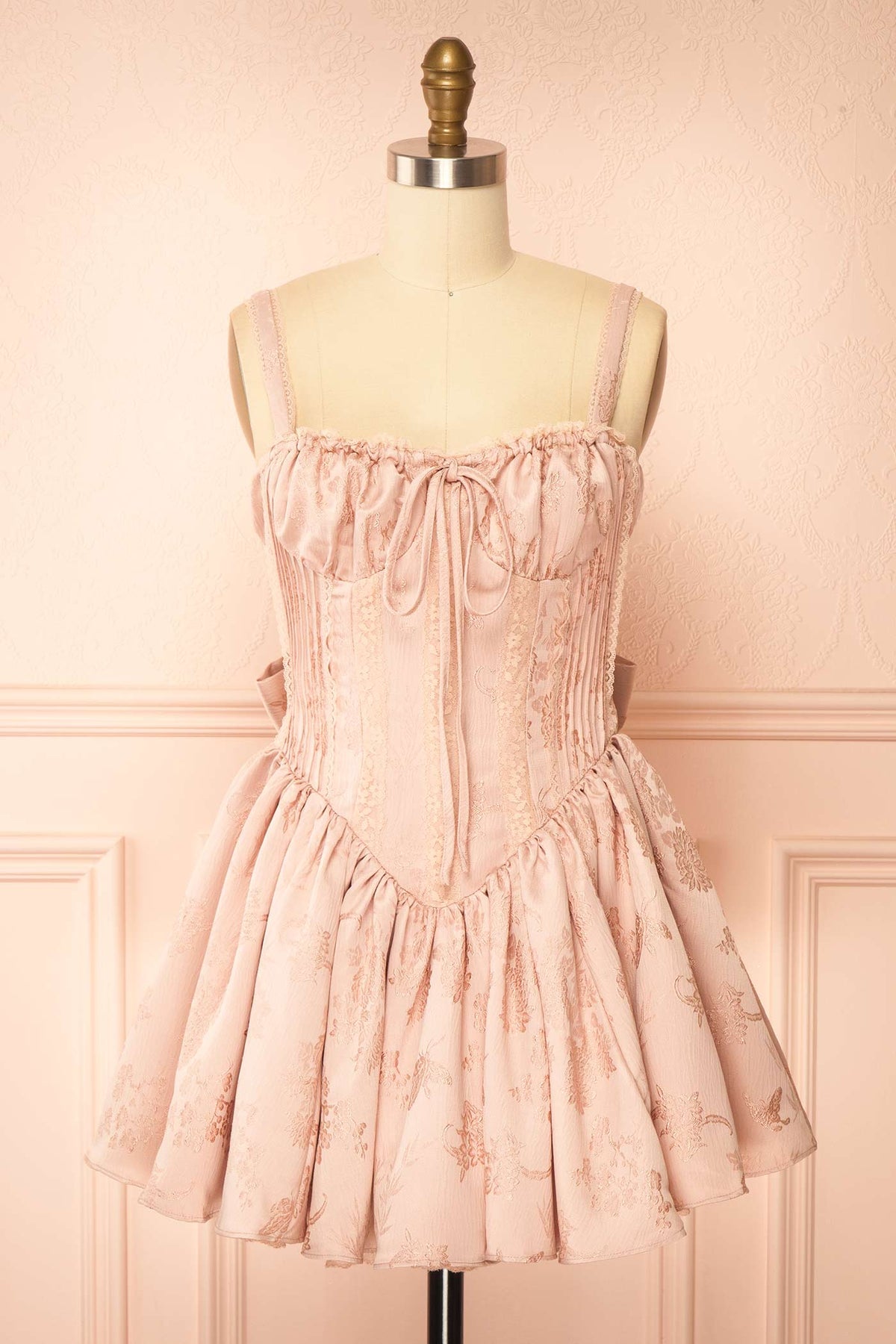 front view of Zolda Pink Short Jacquard Corset Dress with Back Bow at Boutique 1861