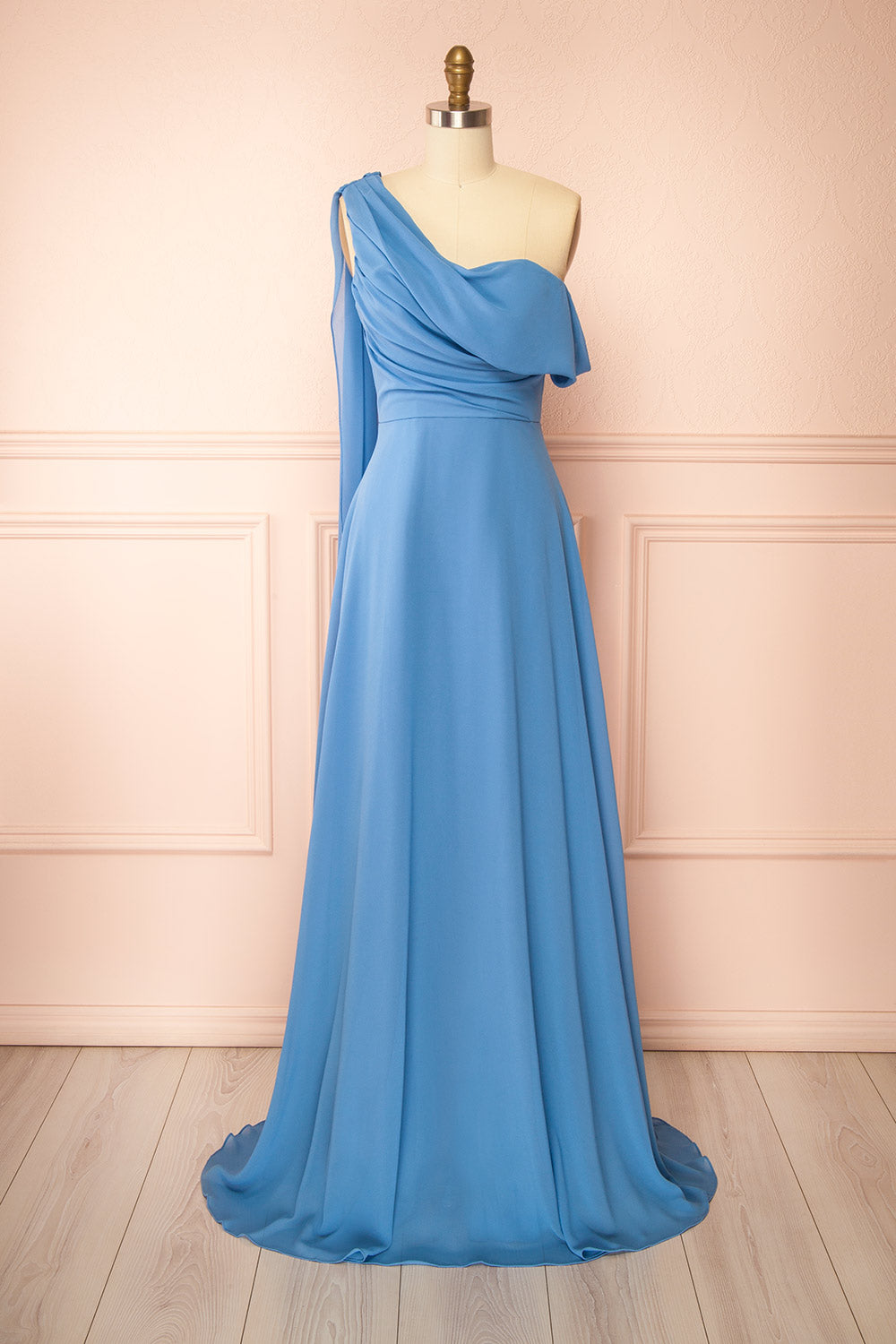 Zorua Blue One-Shoulder Maxi Dress with Cape Sleeve