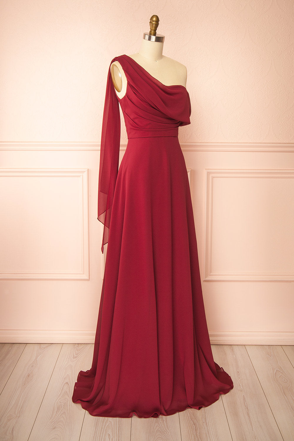 Zorua Burgundy | One-Shoulder Maxi Dress with Cape Sleeve