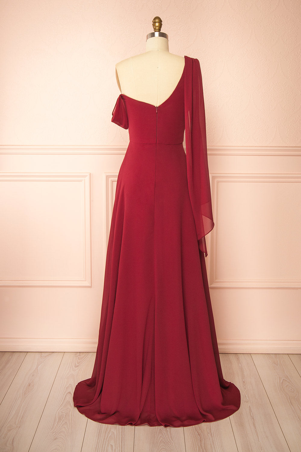Zorua Burgundy | One-Shoulder Maxi Dress with Cape Sleeve