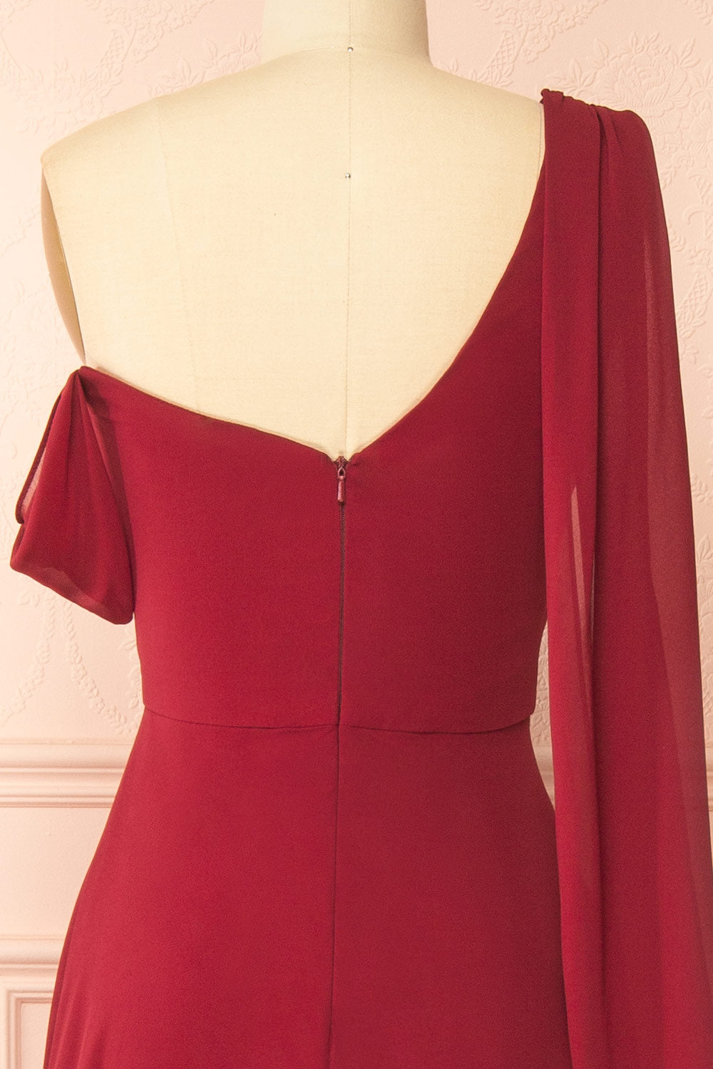 Zorua Burgundy | One-Shoulder Maxi Dress with Cape Sleeve