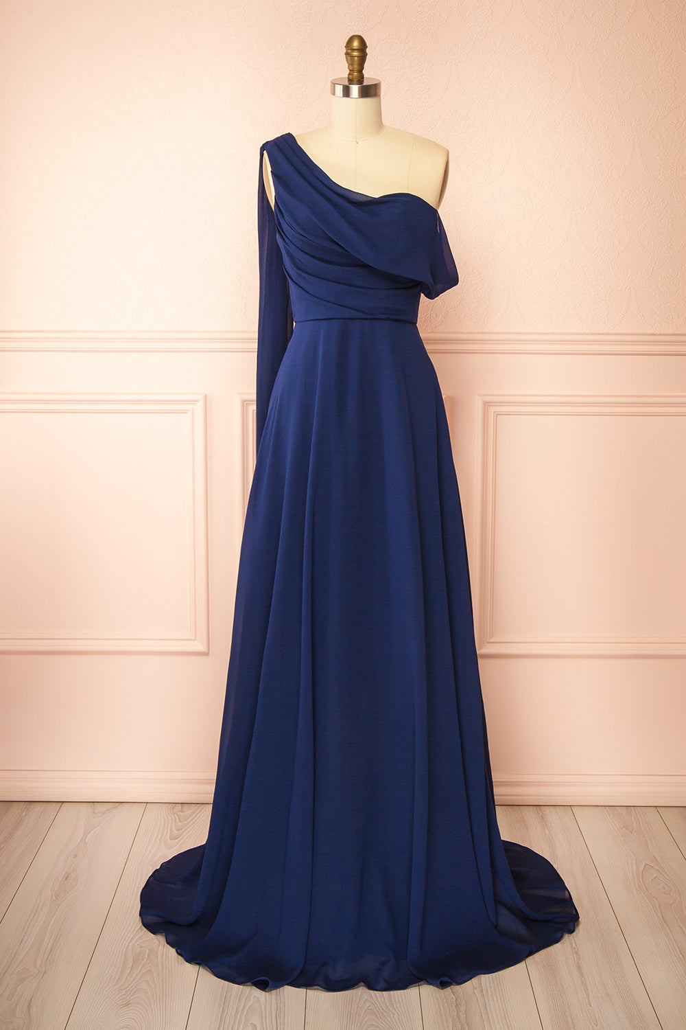 Zorua Navy One-Shoulder Maxi Dress with Cape Sleeve