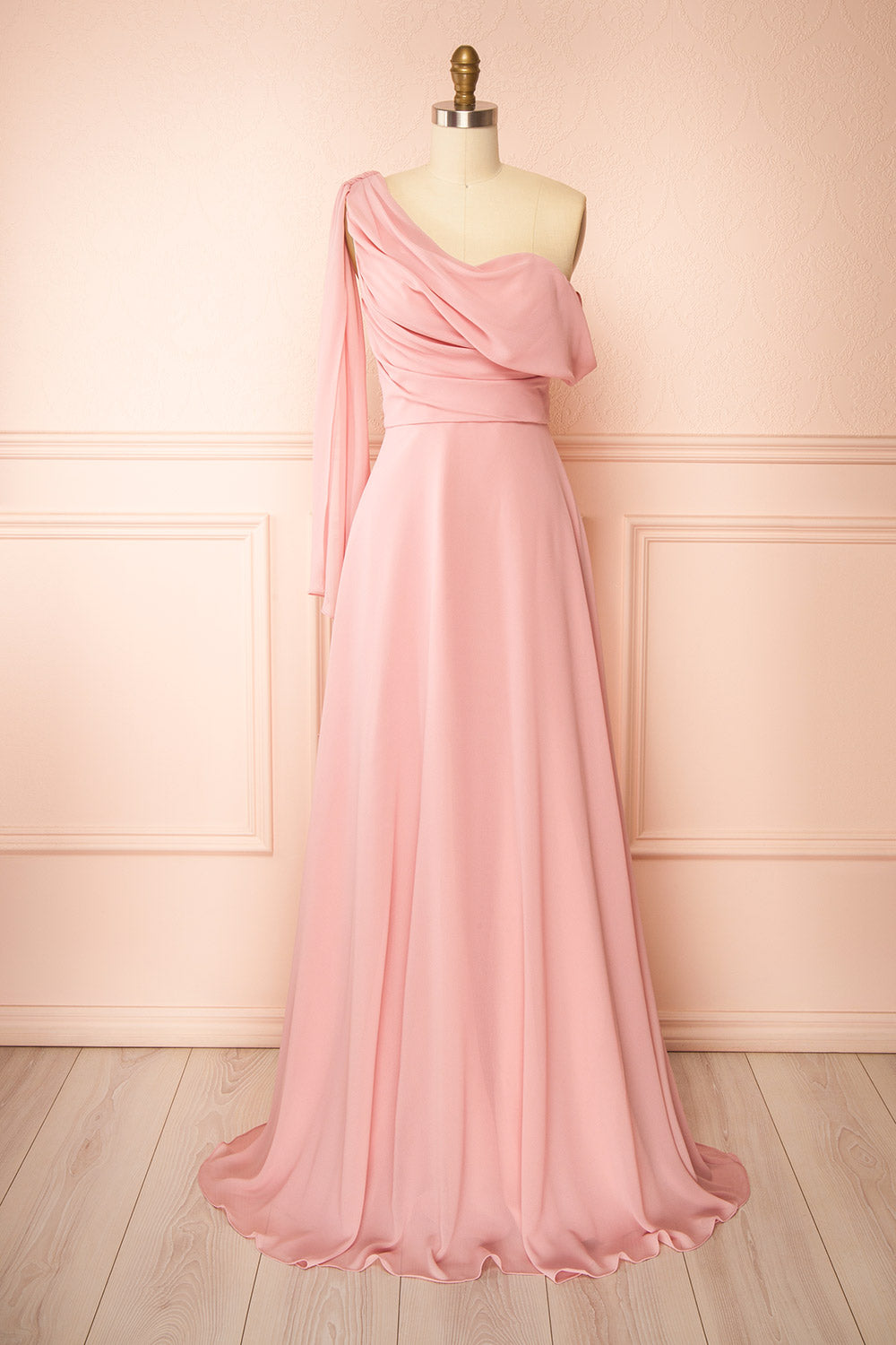 Zorua Pink One-Shoulder Maxi Dress with Cape Sleeve | Boutique 1861 Zorua Pink One-Shoulder Maxi Dress with Cape Sleeve | Boutique 1861