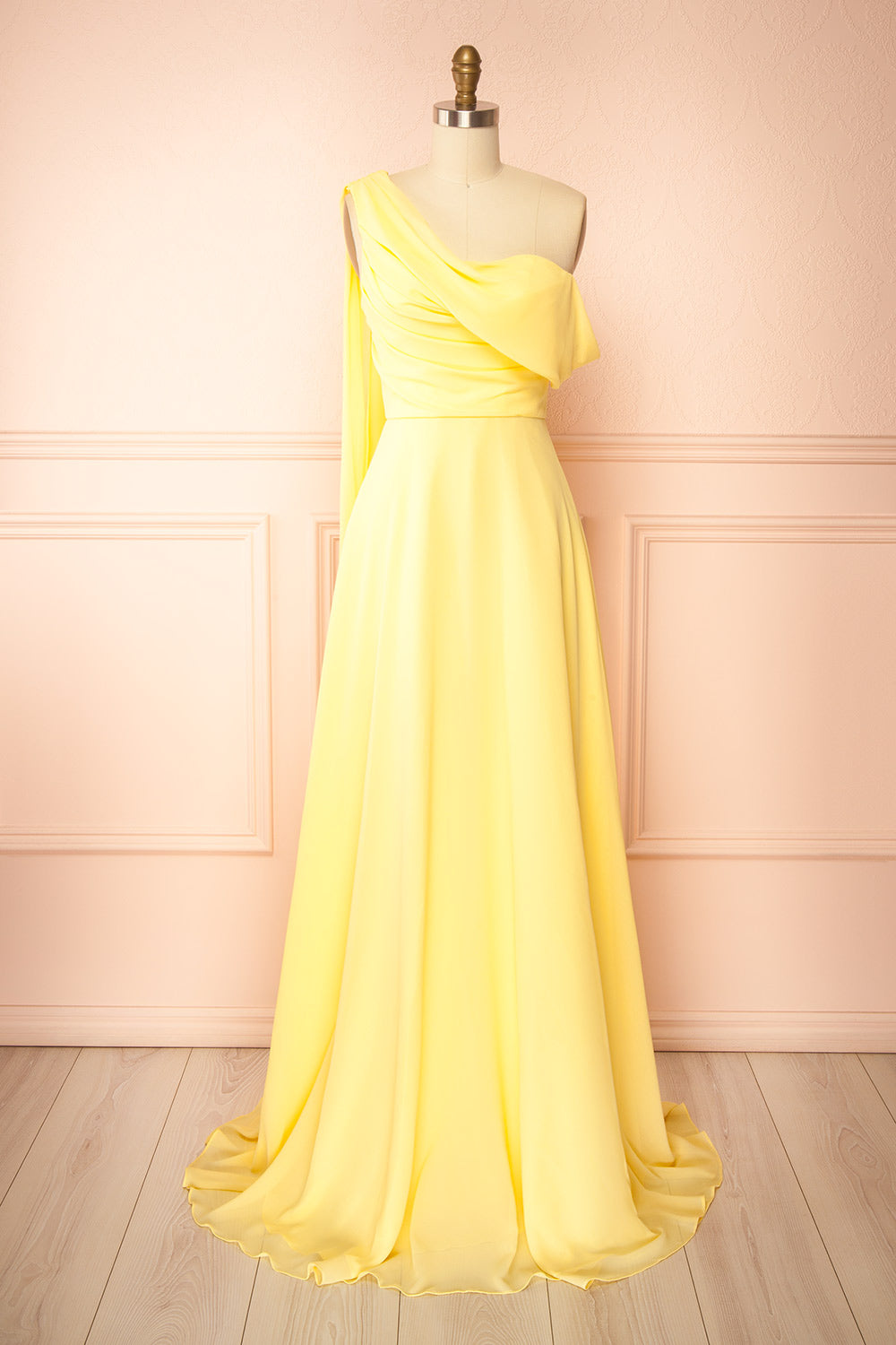 Zorua Light Yellow One-Shoulder Maxi Dress with Cape Sleeve