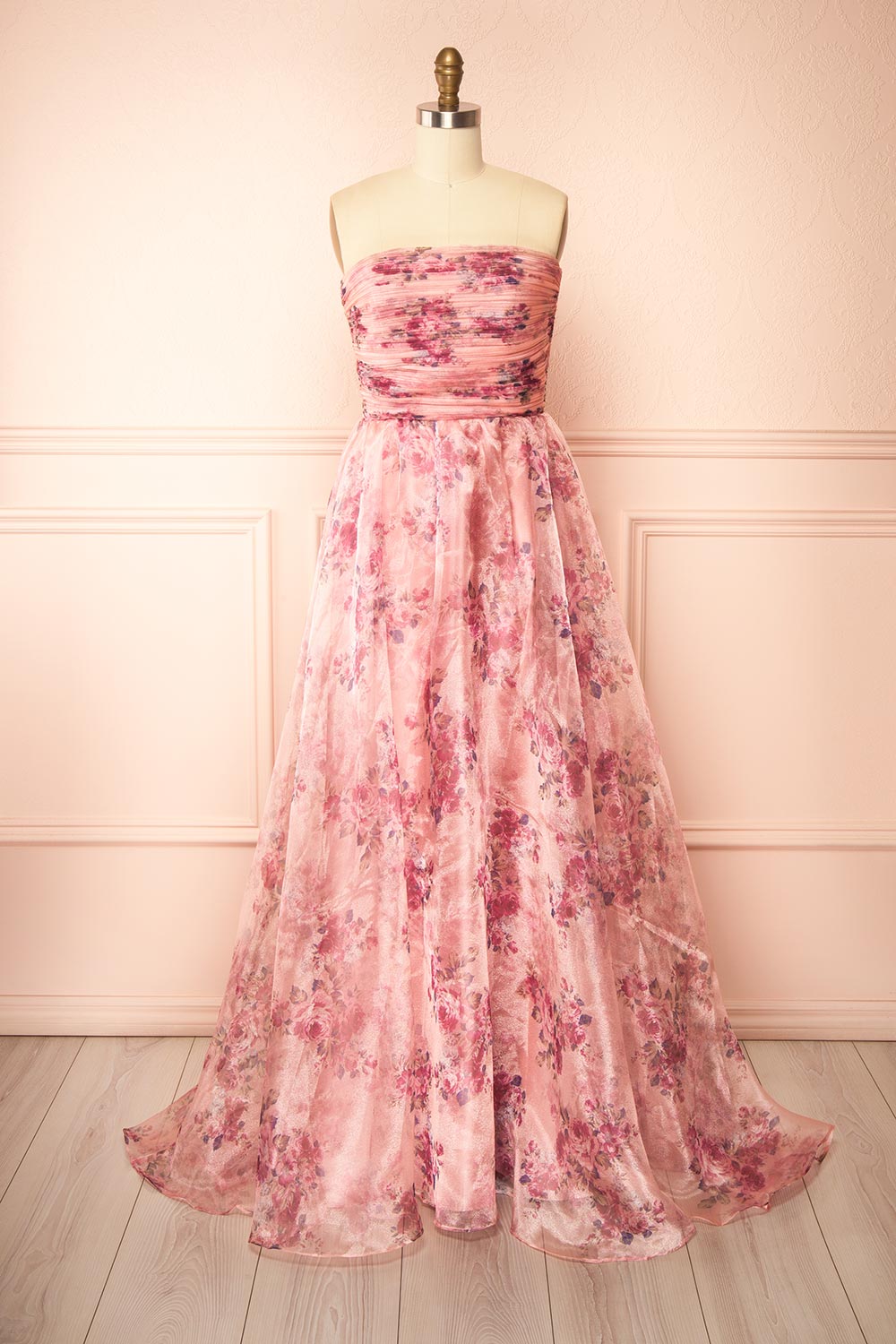 front view of sewing mannequin wearing Zouleikha Pink Floral Maxi Strapless Dress from Boutique 1861