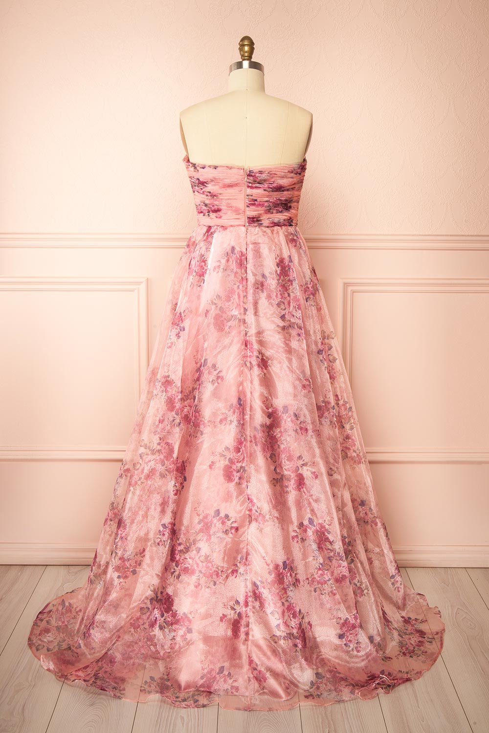 back view of sewing mannequin wearing Zouleikha Pink Floral Maxi Strapless Dress from Boutique 1861