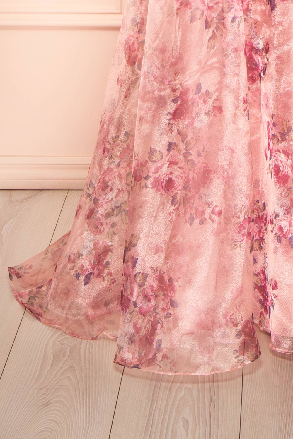 bottom of sewing mannequin wearing Zouleikha Pink Floral Maxi Strapless Dress from Boutique 1861