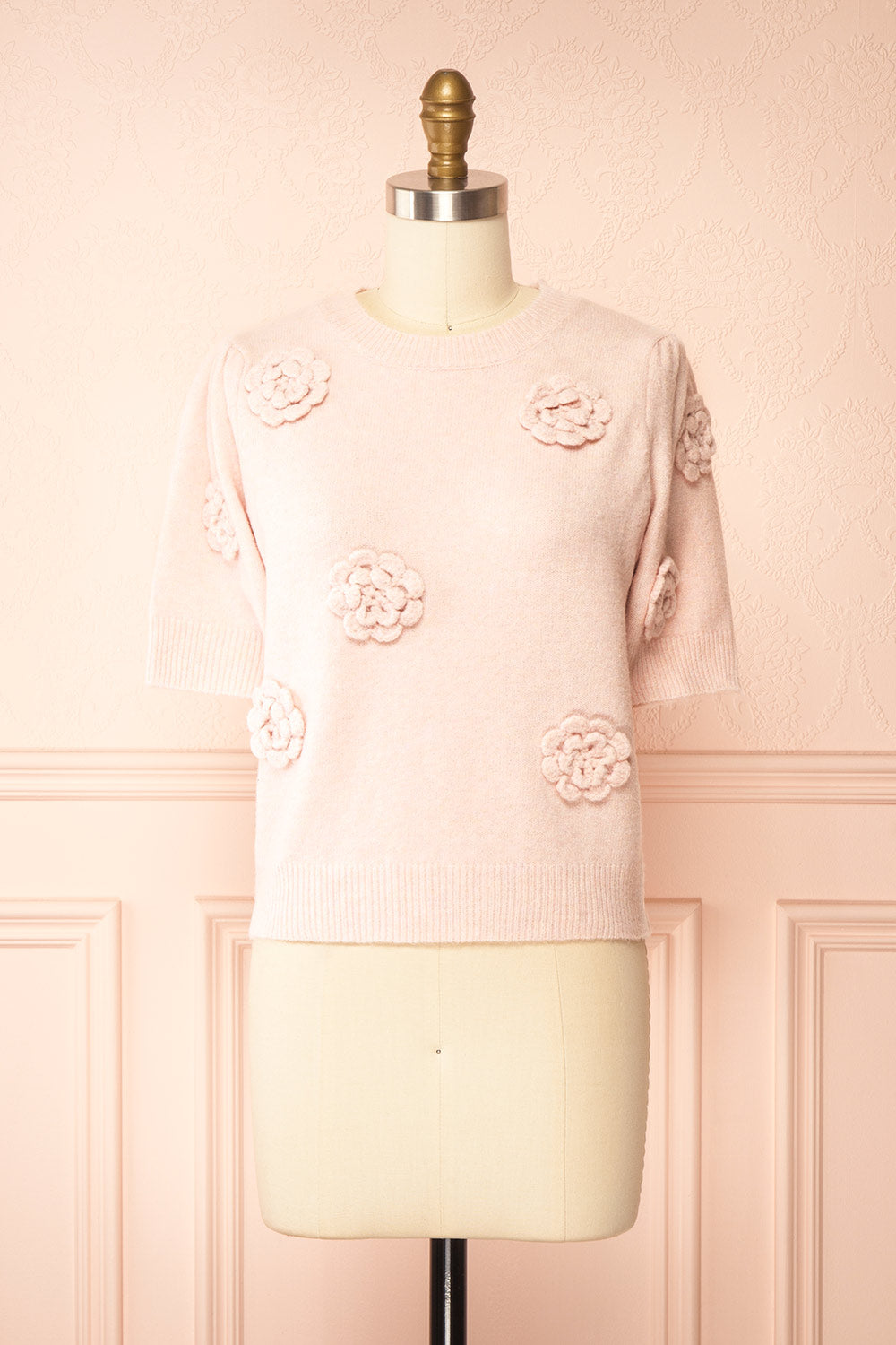 Zuniki Pink Knit Top with Crochet Flowers | Boutique 1861 front view