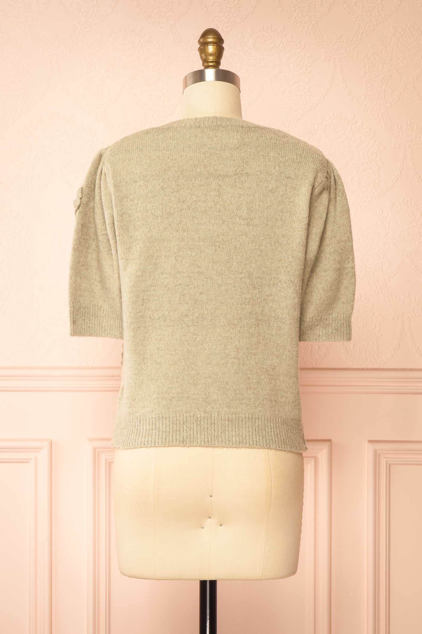 back view of Zuniki Sage Knit Top with Crochet Flowers at Boutique 1861