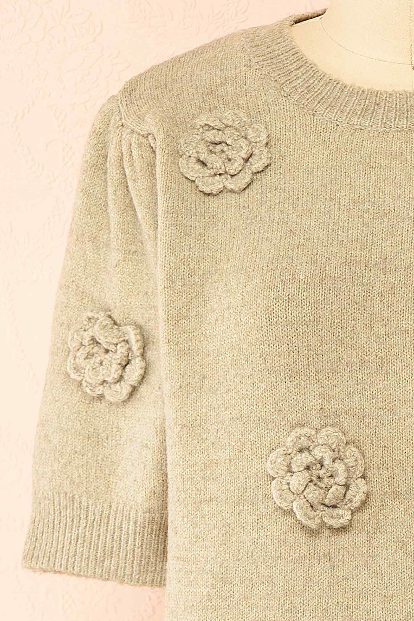 fabric view of Zuniki Sage Knit Top with Crochet Flowers at Boutique 1861