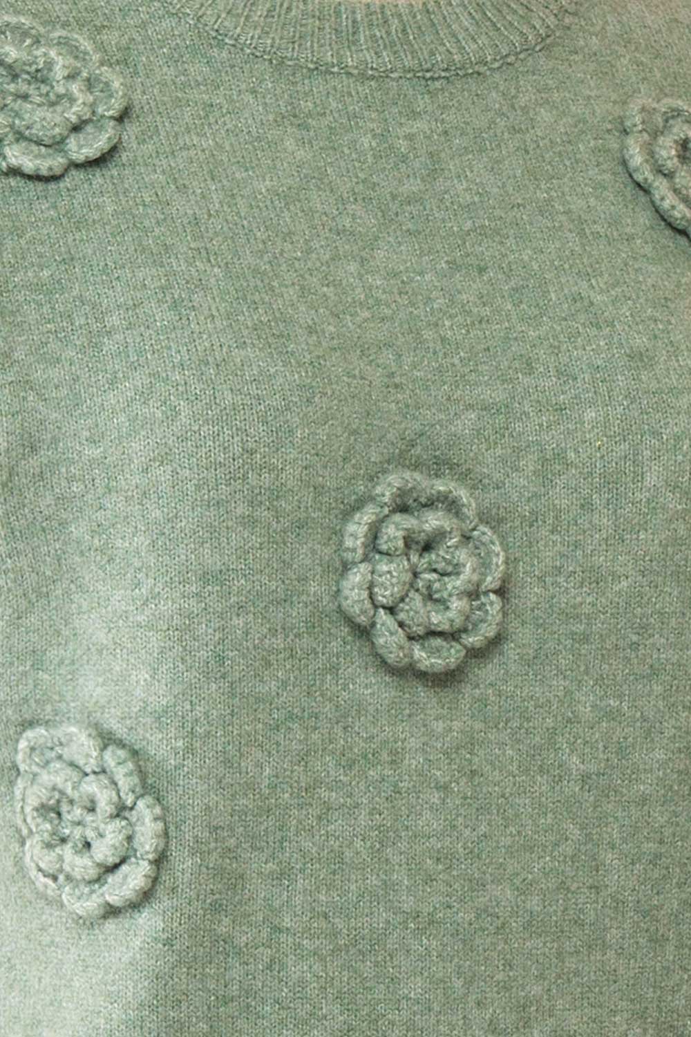 Zuniki Sage Knit Top w/ Crochet Flowers | Boutique 1861 fabric