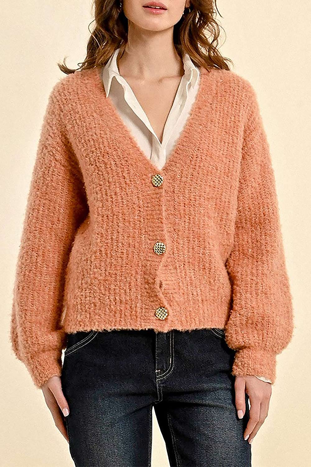 Zuper Orange Fuzzy Cardigan | La petite garçonne on model