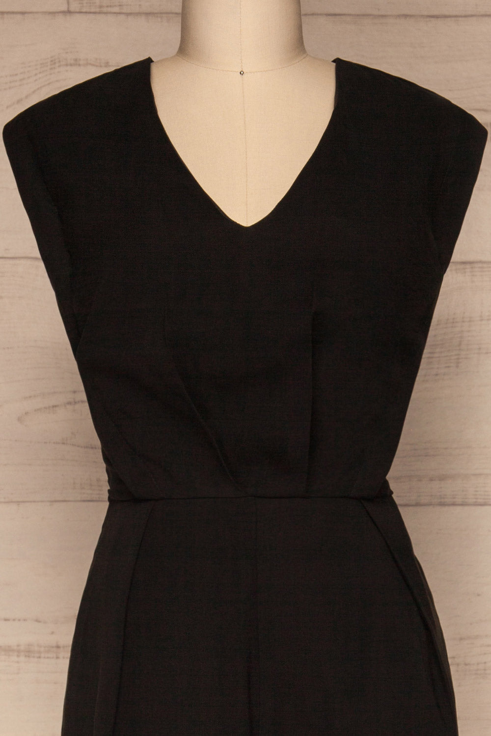 Aase Black V Neck Straight Leg Jumpsuit | La petite garçonne front close-up
